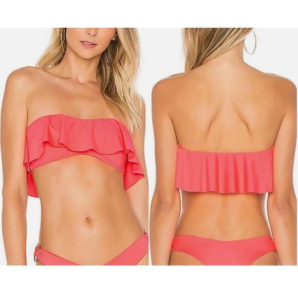 L*SPACE Lynn Coral Pink Strapless Bandeau Style Ruffle Flounce Bikini Top Size L - Picture 1 of 11